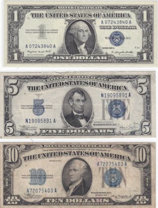 1957 $1 - 1934 $5 - 1934 $10 Ten Dollar Silver Certificate Blue Seal Circulated 2