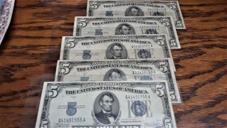 5 (circulated/uncirculated) United States Five Dollar 1934 C Silver Certificates