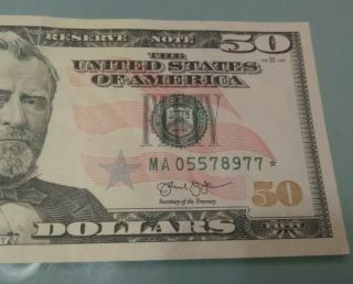 $50 Fifty Dollar Bill Star Note Serial Number Ma 05578977 2013 Us Money