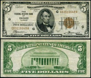 Fr.  1850 G $5 1929 Federal Reserve Bank Note Chicago G - A Block Vf,