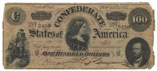 $100 1864 T - 65 Csa Confederate States Of America Lucy Pickens