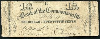 1862 $1.  25 The Bank Of The Commonwealth Richmond,  Va Obsolete Banknote