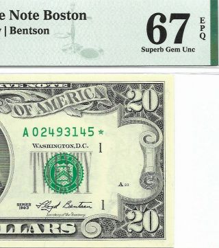 1993 $20 Boston Star ⭐️ Frn,  Pmg Gem Uncirculated 67 Epq Banknote