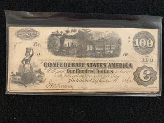 Confederate States Of America 1862 One Hundred Dollar Note