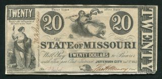1862 $20 The State Of Missouri Jefferson City,  Mo Obsolete Currency Note