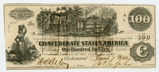1862 T - 39 $100 The Confederate States Of America Note - Civil War Era W/ Train Au