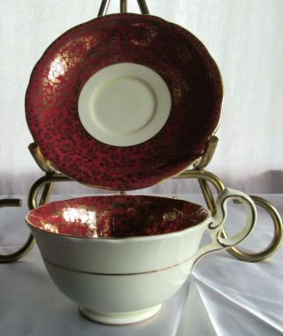 Aynsley Bone China C563 Tea Cup & Saucer England Red Gold Floral Chintz Exc Cond