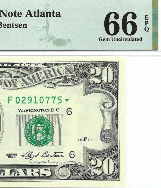 1993 $20 Atlanta Star ⭐️ Frn,  Pmg Gem Uncirculated 66 Epq Banknote
