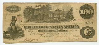 1862 T - 39 $100 The Confederate States Of America Note - Civil War Era W/ Train