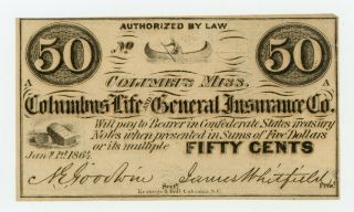 1864 50c The Columbus Life And General Insurance Co.  - Mississippi Note Unc