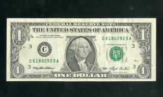 Us Paper Money 1993 $1 Federal Reserve Note Face To Back Offset