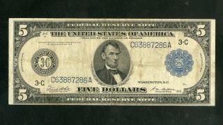 Us Paper Money 1914 $5 Federal Reserve Note Large Sized