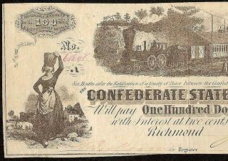 1862 1863 $100 Confederate States Currency Civil War Note Old Paper Money T40