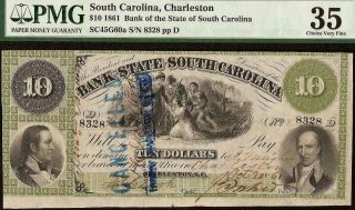 Large 1861 $10 Dollar South Carolina Bank Note Currency Old Paper Money Pmg 35