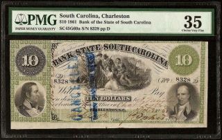 LARGE 1861 $10 DOLLAR SOUTH CAROLINA BANK NOTE CURRENCY OLD PAPER MONEY PMG 35 3