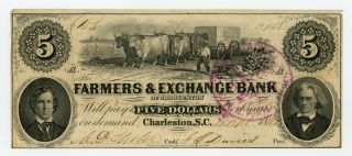 April 4,  1861 $5 The Farmers & Exchange Bank - South Carolina Note W/ Slaves