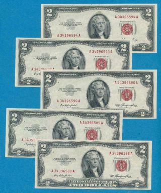 5 - $2.  00 1953 Series Choice Red Seal United States Notes