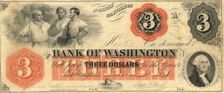 North Carolina Bank Of Washington $3 Dollars Obsolete Currency Ca 1860