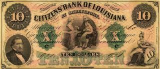 Louisiana Citizens Bank $10 Dollars Obsolete Currency Ca 1860 Cu