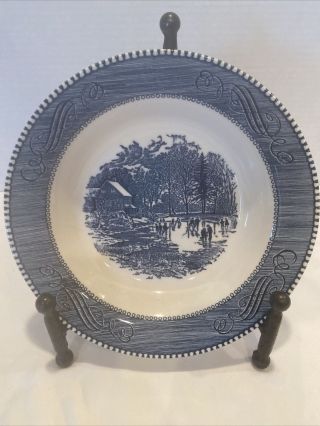 Vintage Currier And Ives Royal Blue Soup Bowl “early Winter” Underglaze 8.  25 "