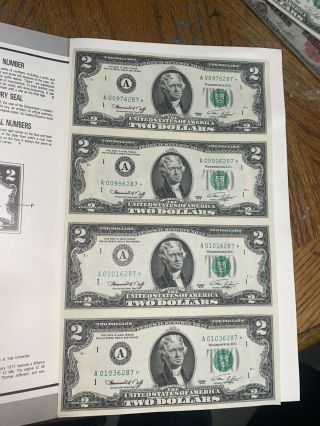 1976 A $2 Dollar Bills Uncut Sheets/ Star Note A 00975741 / Boston/ W Folder