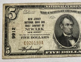 1929 $5 Jersey National Bank & Trust Of Newark Small Size National Ch 9912
