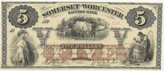 1862 $5 Somerset And Worcester Savings Bank Salisbury,  Md Au/unc (inv 373)