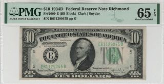 1934 D $10 Federal Reserve Note Richmond Fr.  2009 - E Eb Block Pmg Gem Unc 65 Epq