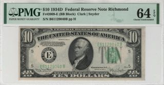1934 D $10 Federal Reserve Note Richmond Fr.  2009 - E Pmg Choice Unc 64 Epq