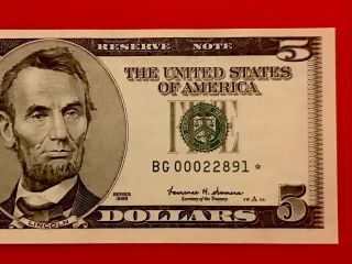 1999 Star Note $5 Dollar Bill (chicago) Low Serial Number,  Uncirculated