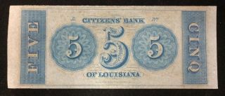 US Currency - $5 Dollar Obsolete/Broken Bank Note - Citizens ' Bank of Louisiana 2