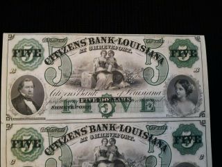1800s Citizens Bank of Louisiana Uncut Sheet $5 Obsolete Notes LOUISIANA 6 2