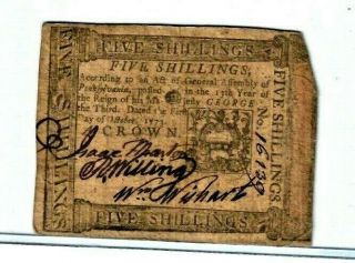 (5 Shillings) " Colonial " 1773 (5 Shillings) " Colonial " 1773 " Note "