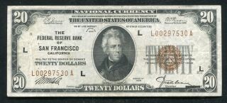Fr.  1870 - L 1929 $20 Frbn Federal Reserve Bank Note San Francisco,  Ca