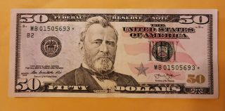 $50 Dollar Bill Star Note,  Federal Reserve Note,  Mb 01505693 Series 2013