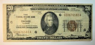 1929 $20.  00 National Currency Federal Reserve Bank Of Chicago Il 1870 - G