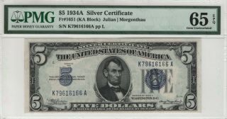 1934 A $5 Silver Certificate Fr.  1651 Ka Block Pmg Gem Unc 65 Epq (166a)
