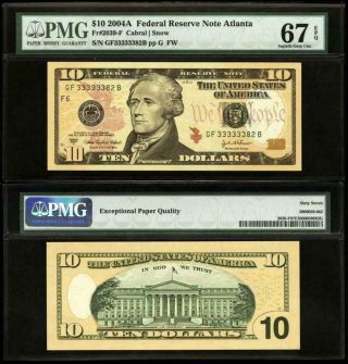 333333382 Fr.  2039 - F 2004 - A $10 Federal Reserve Note.  Pmg Gem Unc 67 Epq