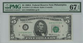 1969 A $5 Federal Reserve Note Philadelphia Fr.  1970 - C Pmg Gem 67 Epq (536a