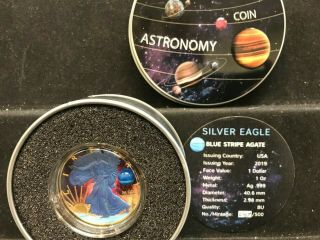 Usa 2019 1$ Silver Eagle Astronomy Blue Stripe Agate 1 Oz Silver Coin W/coa