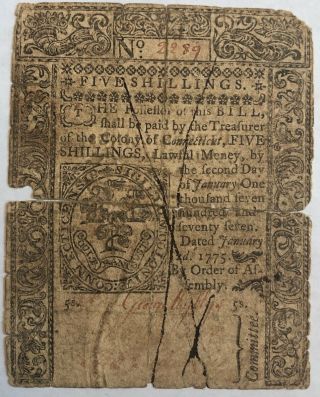 Colonial Currency.  Connecticut 5 Shillings Jan 2,  1775.  Fr Ct - 175.  Ur8