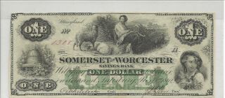 1862 Somerset And Worcester Savings Bank,  Md $1 Obsolete Currency Note,  Vf Grade