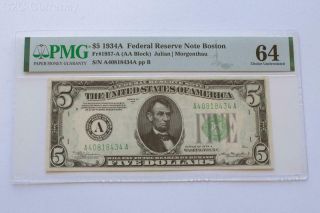 1934a $5 Boston Federal Reserve Note Frn - Pmg Choice Uncirculated Cu 64 - C2c
