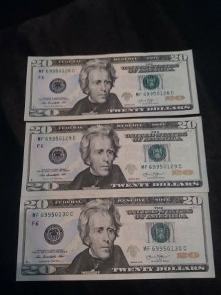 3 2013 Uncirculated $20 Twenty Dollar Bills Sequential Consecutive Serials