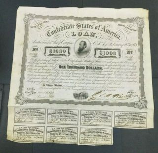 Momen: Us 1863 Confederate $1,  000 5 Year Bond 7 Per Annum Lott 5713