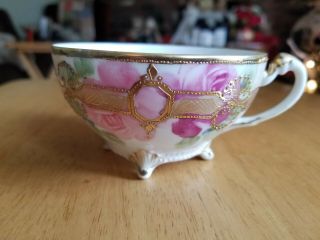 Elegant Embossed Vintage Nippon Hand - Painted Floral Gold Tea Cup Pink & Green