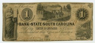 1855 $1 The Bank Of The State Of South Carolina Note W/ Train