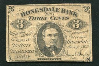1863 3 Three Cents Honesdale Bank Borough Scrip Pennsylvania Obsolete Note