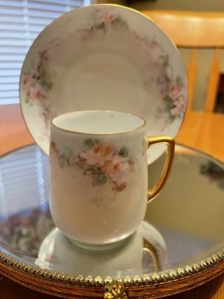 Bone China Antique Tea Cup With Saucer Pink Roses Monogrammed With D