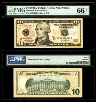 Fr.  2039 - F 2004 - A $10 Federal Reserve Note.  Gf33333311b Pmg Gem Unc 66 Epq